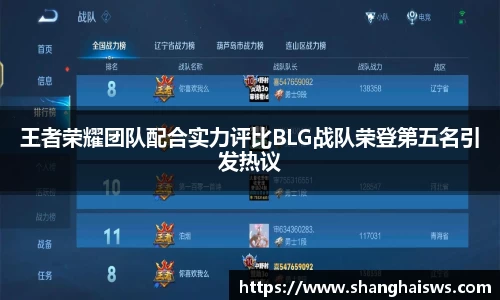 王者荣耀团队配合实力评比BLG战队荣登第五名引发热议